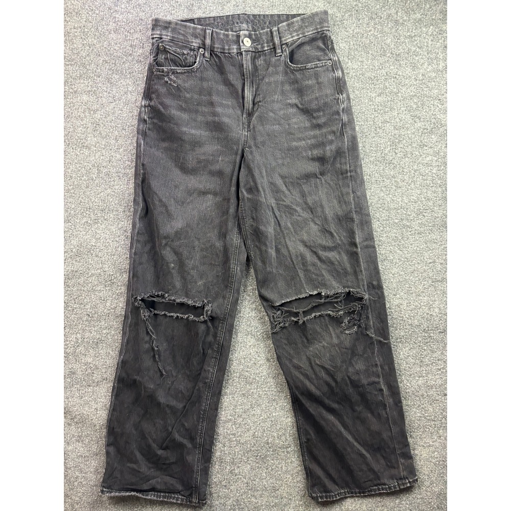 American Eagle Baggy Straight Jeans Womens 4 Black Curvy Super High Rise Rip